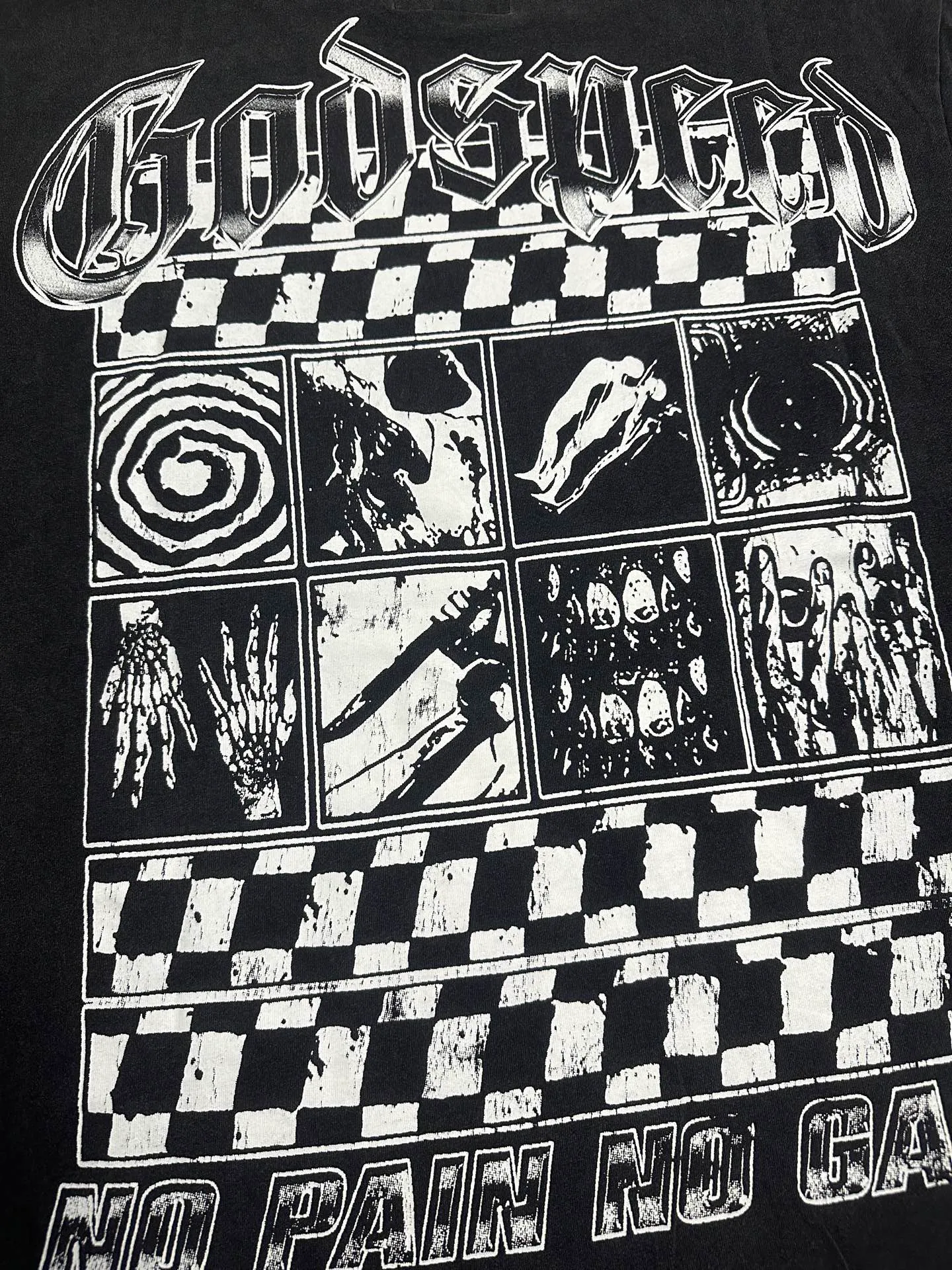 6118##washed black｜P116 Godspeed cross-border American rock and roll street washed retro style short-sleeved T (craft printing) fabric (fabric): 32 count combed double yarn 250g weight size (size): S-M-L-XL color (colour): washed black