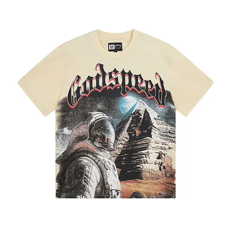5041#Apricot｜P104 Godspeed cross-border American rock and roll street washed retro style short-sleeved T (craft printing) fabric (fabric) 32 counts combed double yarn 240 grams weight code number (size): S-M-L-XL color (colour): apricot 👉
