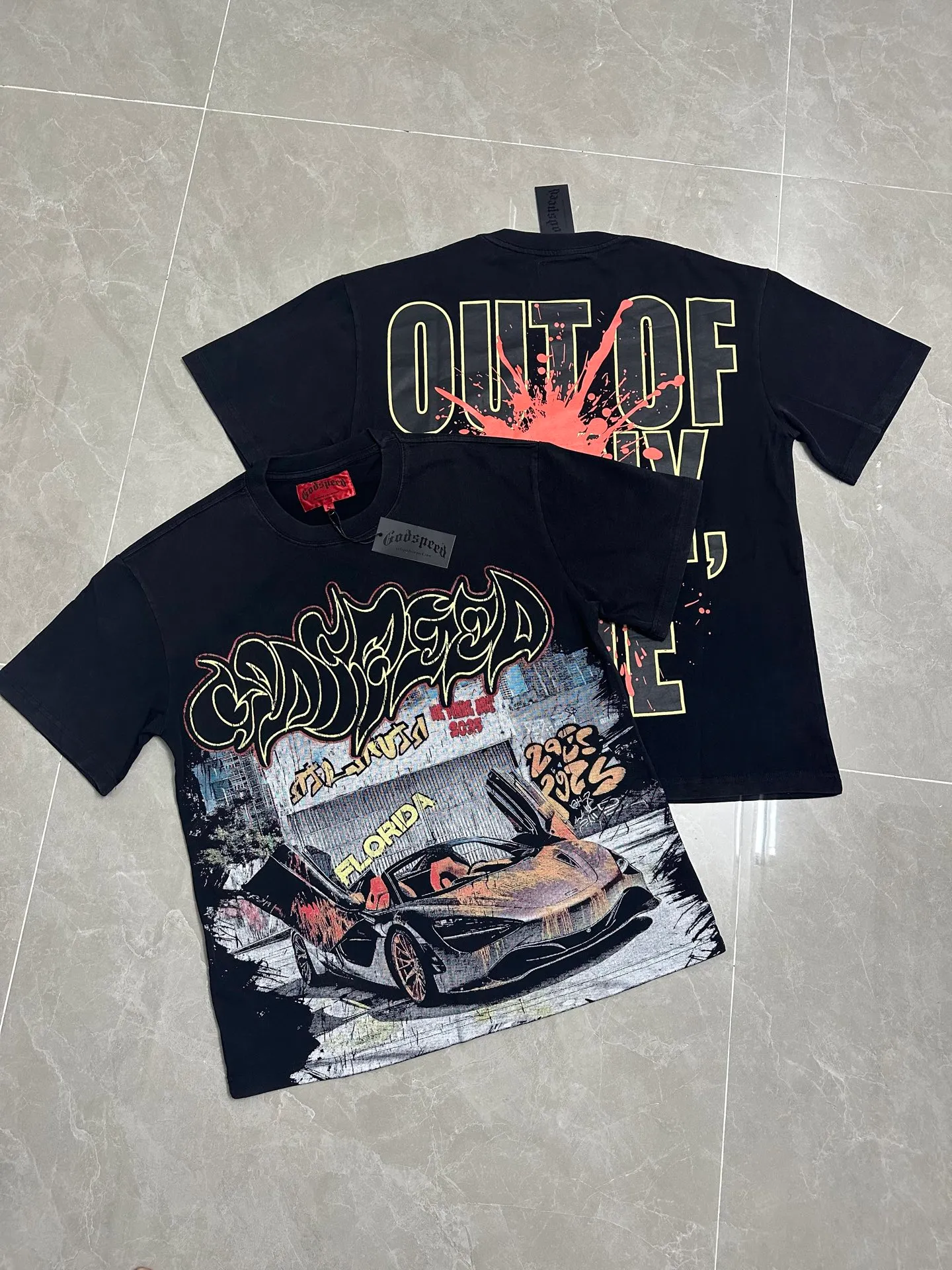 6139# washed black I P116 Godspeed cross-border American rock and roll street washed retro style short-sleeved T (craft printing) fabric (fabric): 32 count combed double yarn 250 grams weight code number (size): S-M-L-XL color (colour): washed black