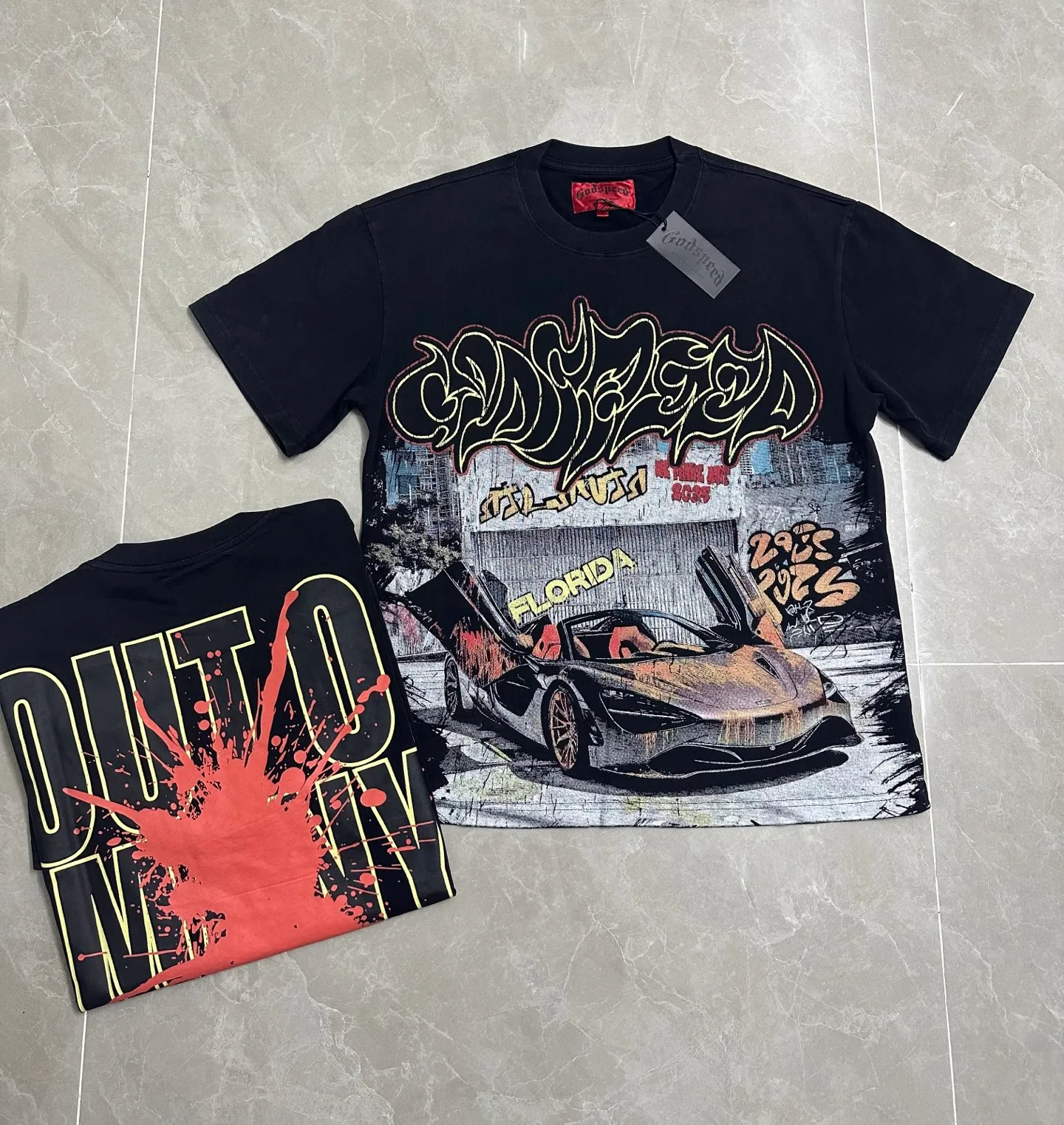 6139# washed black I P116 Godspeed cross-border American rock and roll street washed retro style short-sleeved T (craft printing) fabric (fabric): 32 count combed double yarn 250 grams weight code number (size): S-M-L-XL color (colour): washed black