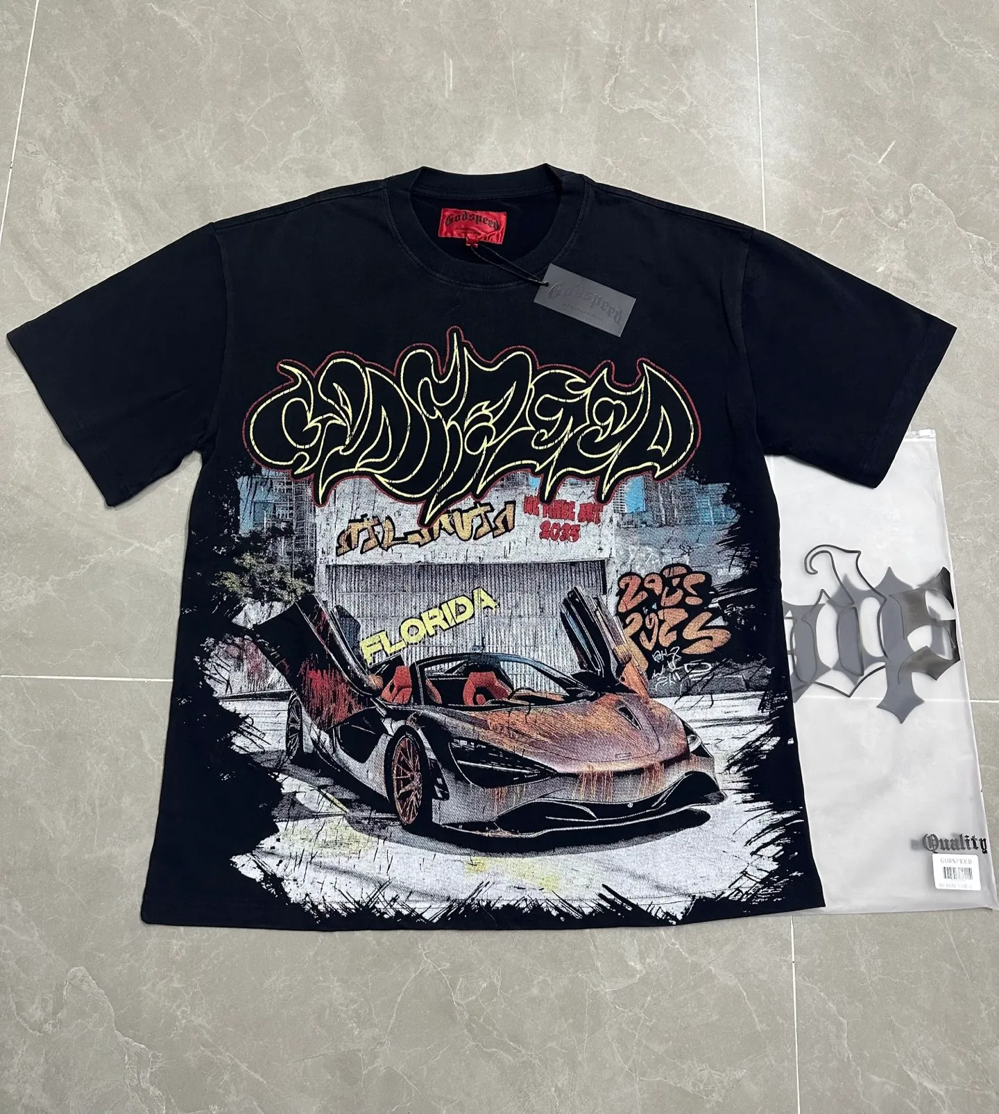 6139# washed black I P116 Godspeed cross-border American rock and roll street washed retro style short-sleeved T (craft printing) fabric (fabric): 32 count combed double yarn 250 grams weight code number (size): S-M-L-XL color (colour): washed black