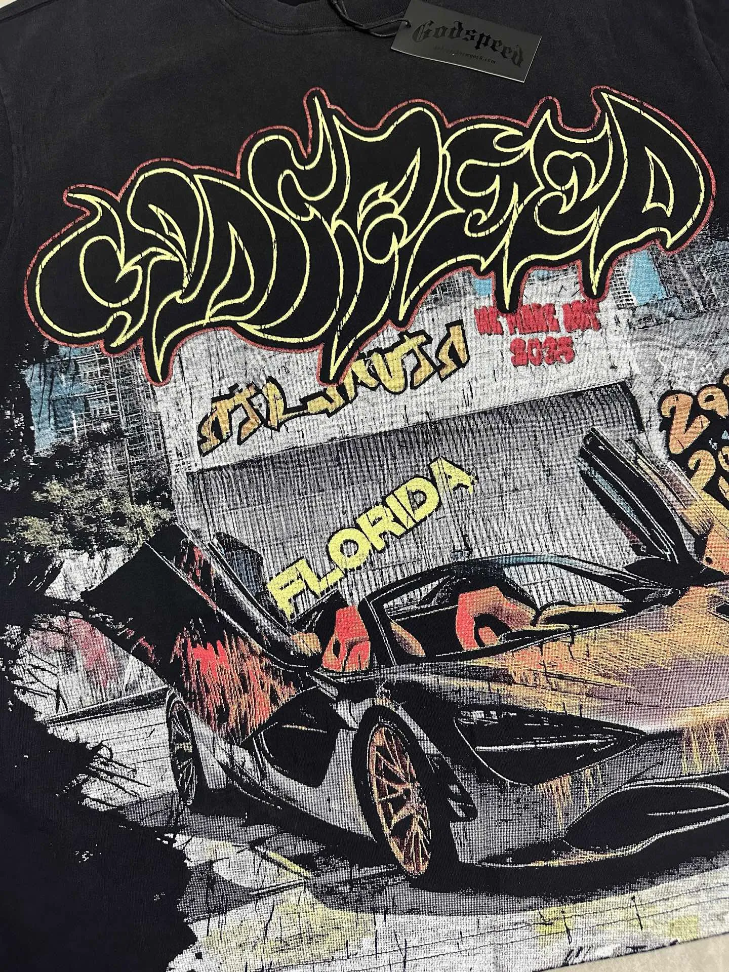 6139# washed black I P116 Godspeed cross-border American rock and roll street washed retro style short-sleeved T (craft printing) fabric (fabric): 32 count combed double yarn 250 grams weight code number (size): S-M-L-XL color (colour): washed black