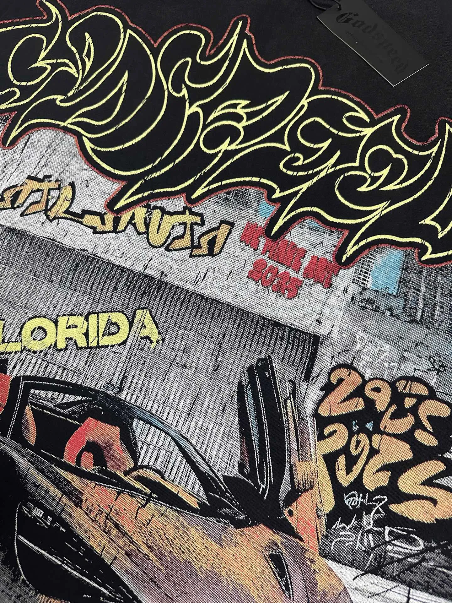6139# washed black I P116 Godspeed cross-border American rock and roll street washed retro style short-sleeved T (craft printing) fabric (fabric): 32 count combed double yarn 250 grams weight code number (size): S-M-L-XL color (colour): washed black