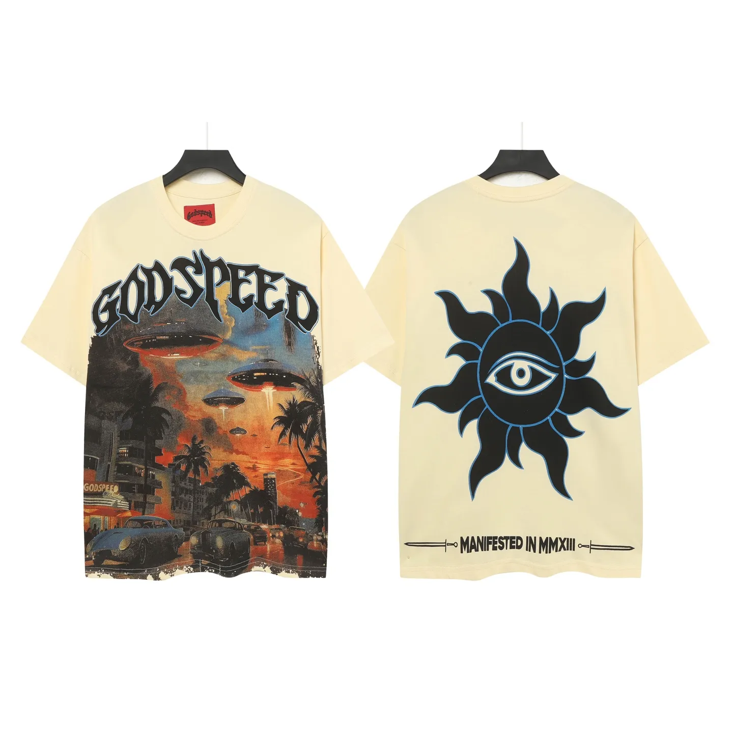 5071#apricot|P104 Godspeed cross-border American rock and roll street washed retro style short-sleeved T (craft printing) fabric (fabric) 32 count combed double yarn 240 grams weight code number (size): S-M-L-XL color (colour): apricot