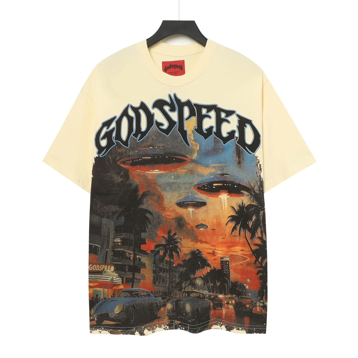 5071#apricot|P104 Godspeed cross-border American rock and roll street washed retro style short-sleeved T (craft printing) fabric (fabric) 32 count combed double yarn 240 grams weight code number (size): S-M-L-XL color (colour): apricot