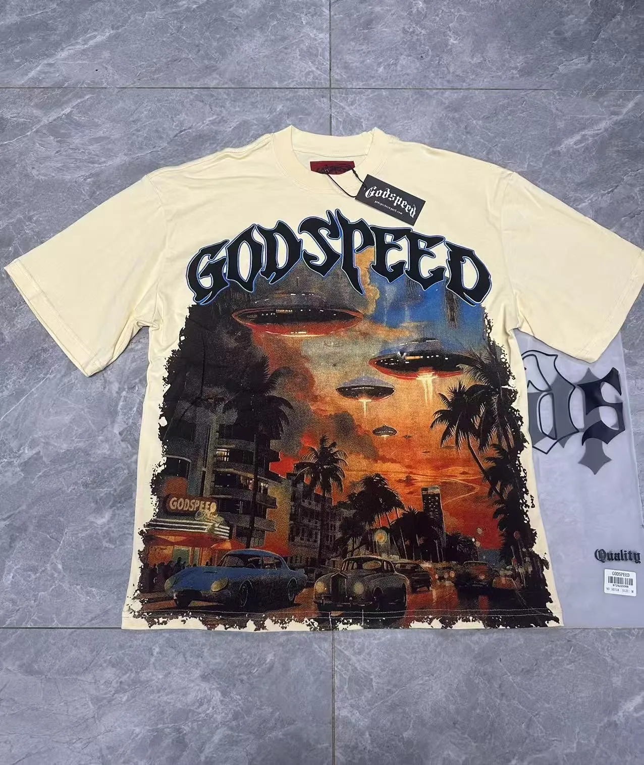 5071#apricot|P104 Godspeed cross-border American rock and roll street washed retro style short-sleeved T (craft printing) fabric (fabric) 32 count combed double yarn 240 grams weight code number (size): S-M-L-XL color (colour): apricot
