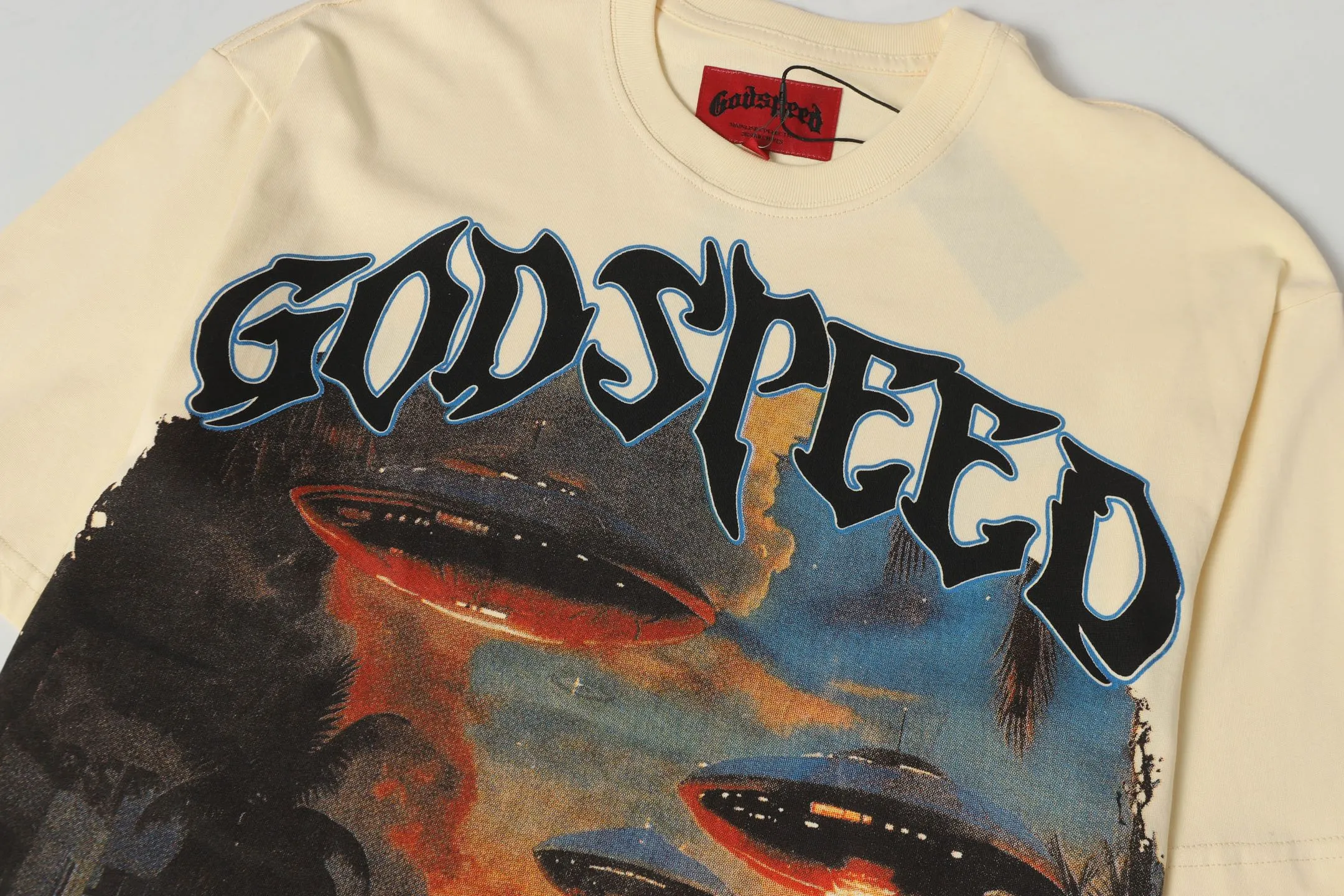 5071#apricot|P104 Godspeed cross-border American rock and roll street washed retro style short-sleeved T (craft printing) fabric (fabric) 32 count combed double yarn 240 grams weight code number (size): S-M-L-XL color (colour): apricot