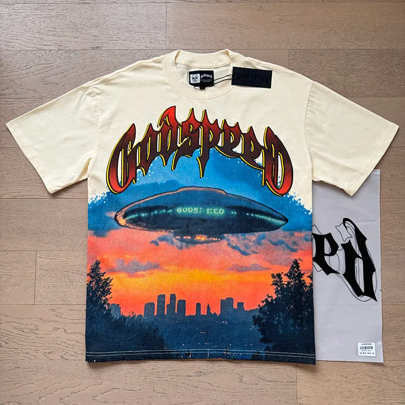 3125# P106 Real shot Godspeed American fashion rock street retro loose printed cotton short sleeves Fabric: 240g 32 count fine cotton double yarn pure cotton Color: apricot Size: S M L XL