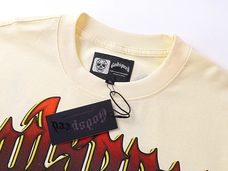 3125# P106 Real shot Godspeed American fashion rock street retro loose printed cotton short sleeves Fabric: 240g 32 count fine cotton double yarn pure cotton Color: apricot Size: S M L XL