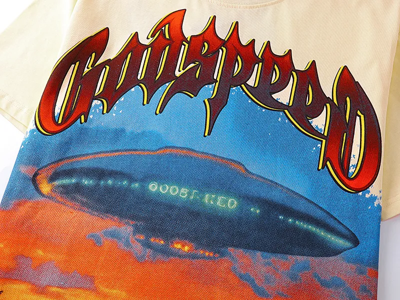 3125# P106 Real shot Godspeed American fashion rock street retro loose printed cotton short sleeves Fabric: 240g 32 count fine cotton double yarn pure cotton Color: apricot Size: S M L XL