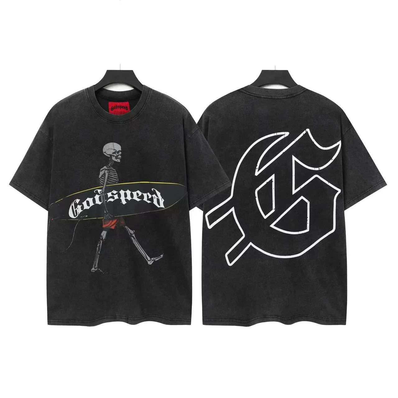 6049# Washed Black｜P116 Godspeed cross-border American rock and roll street washed retro style short-sleeved T (craft print) Fabric (fabric): 32 count combed double yarn 250 grams weight Size (size): S-M-L-XL Color (colour): Washed black 👉