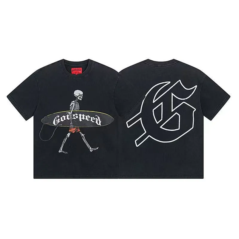 6049# Washed Black｜P116 Godspeed cross-border American rock and roll street washed retro style short-sleeved T (craft print) Fabric (fabric): 32 count combed double yarn 250 grams weight Size (size): S-M-L-XL Color (colour): Washed black 👉
