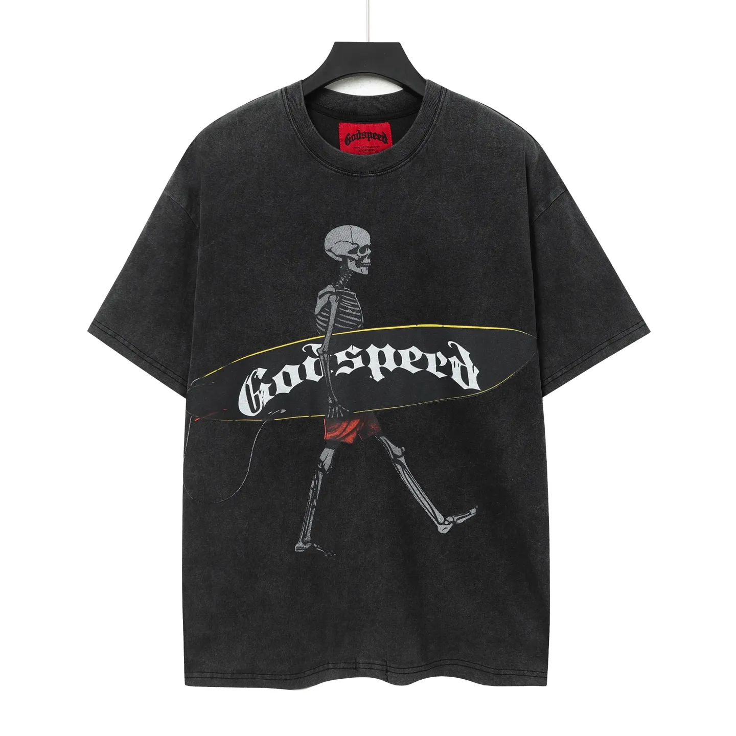 6049# Washed Black｜P116 Godspeed cross-border American rock and roll street washed retro style short-sleeved T (craft print) Fabric (fabric): 32 count combed double yarn 250 grams weight Size (size): S-M-L-XL Color (colour): Washed black 👉