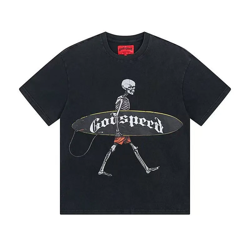 6049# Washed Black｜P116 Godspeed cross-border American rock and roll street washed retro style short-sleeved T (craft print) Fabric (fabric): 32 count combed double yarn 250 grams weight Size (size): S-M-L-XL Color (colour): Washed black 👉