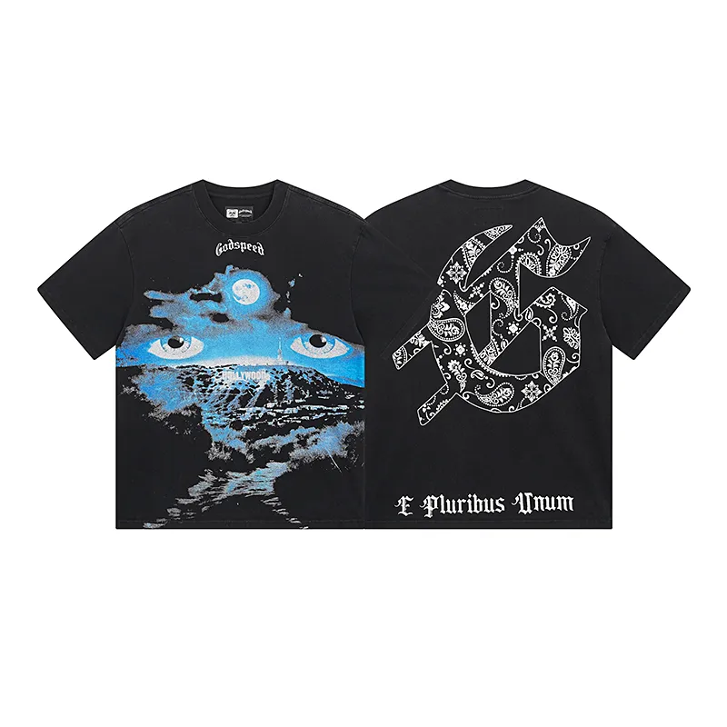 1029# P126 Washed Black Real Shot Godspeed American Fashion Rock Street Retro Washed Distressed Printed Pure Cotton Short Sleeves Fabric: 250g 32 Count Fine Cotton Double Yarn Pure Cotton Color: Washed Black Size: S M L XL