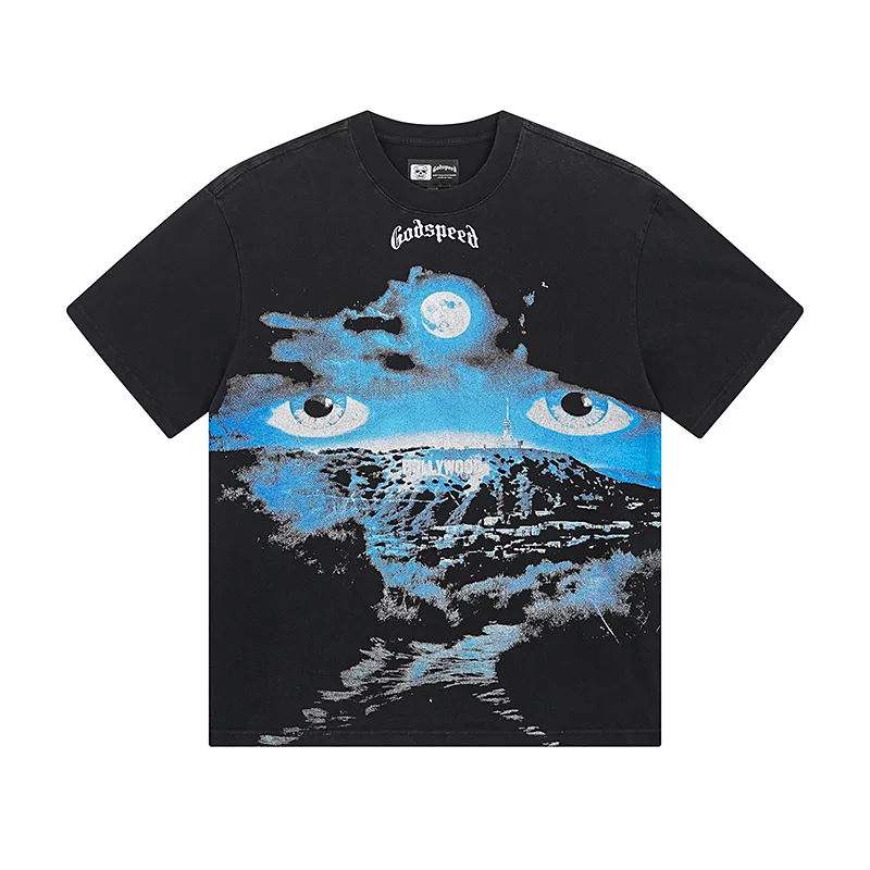 1029# P126 Washed Black Real Shot Godspeed American Fashion Rock Street Retro Washed Distressed Printed Pure Cotton Short Sleeves Fabric: 250g 32 Count Fine Cotton Double Yarn Pure Cotton Color: Washed Black Size: S M L XL