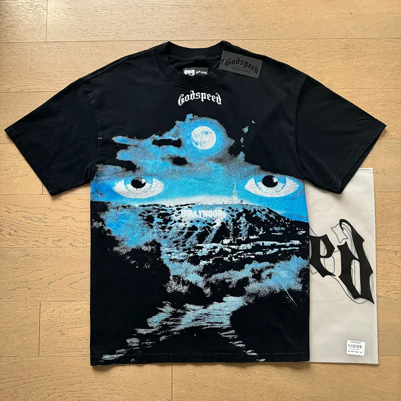 1029# P126 Washed Black Real Shot Godspeed American Fashion Rock Street Retro Washed Distressed Printed Pure Cotton Short Sleeves Fabric: 250g 32 Count Fine Cotton Double Yarn Pure Cotton Color: Washed Black Size: S M L XL