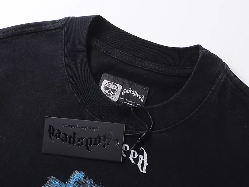 1029# P126 Washed Black Real Shot Godspeed American Fashion Rock Street Retro Washed Distressed Printed Pure Cotton Short Sleeves Fabric: 250g 32 Count Fine Cotton Double Yarn Pure Cotton Color: Washed Black Size: S M L XL