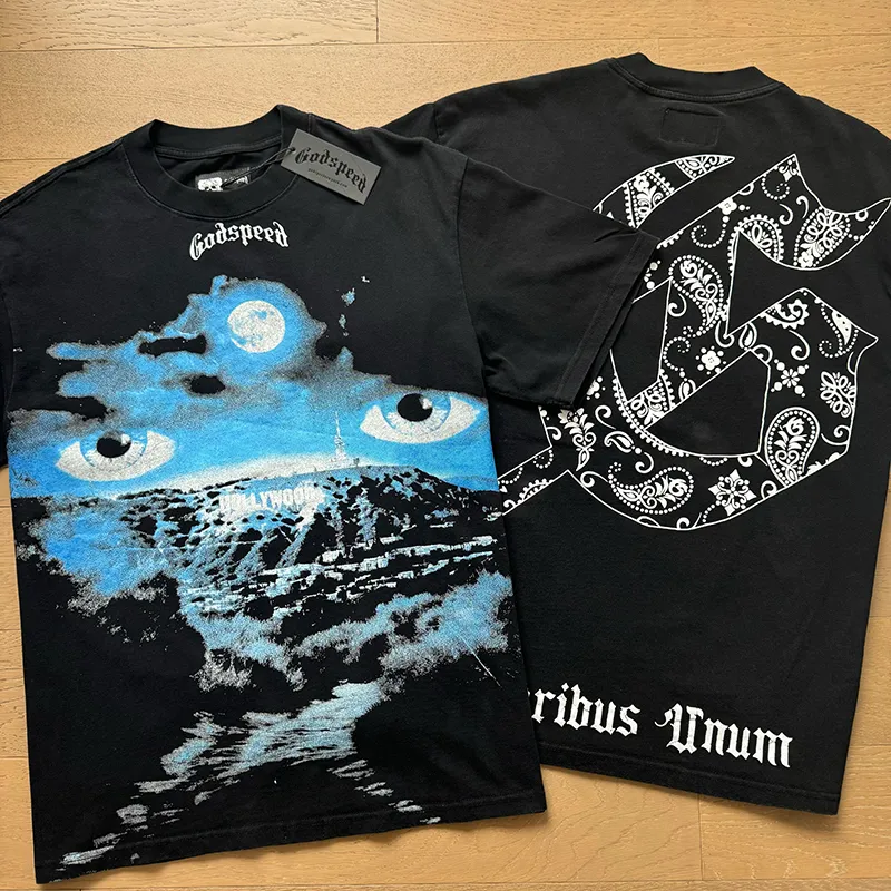 1029# P126 Washed Black Real Shot Godspeed American Fashion Rock Street Retro Washed Distressed Printed Pure Cotton Short Sleeves Fabric: 250g 32 Count Fine Cotton Double Yarn Pure Cotton Color: Washed Black Size: S M L XL