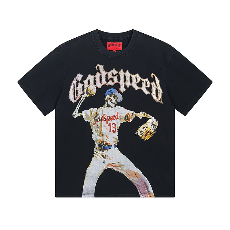 1003#P126 Washed Black Real Shot Godspeed American Fashion Rock Street Retro Washed Distressed Printed Cotton Short Sleeves Fabric: 250g 32 Count Fine Cotton Double Yarn Pure Cotton Color: Washed Black Size: S M L XL
