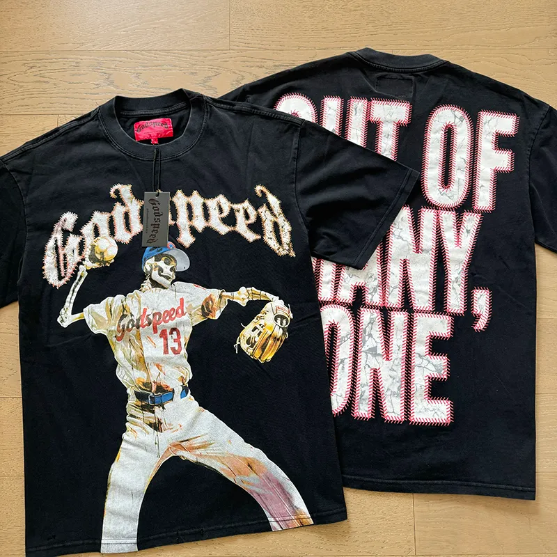 1003#P126 Washed Black Real Shot Godspeed American Fashion Rock Street Retro Washed Distressed Printed Cotton Short Sleeves Fabric: 250g 32 Count Fine Cotton Double Yarn Pure Cotton Color: Washed Black Size: S M L XL