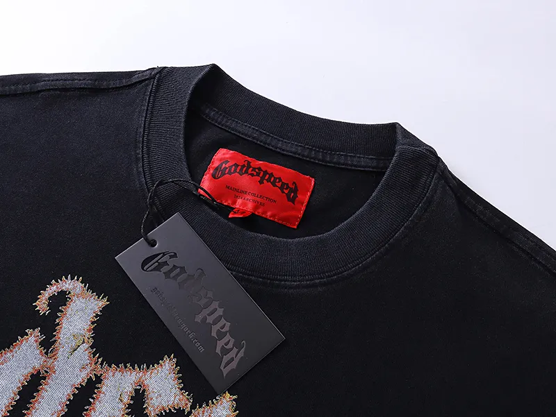 1003#P126 Washed Black Real Shot Godspeed American Fashion Rock Street Retro Washed Distressed Printed Cotton Short Sleeves Fabric: 250g 32 Count Fine Cotton Double Yarn Pure Cotton Color: Washed Black Size: S M L XL