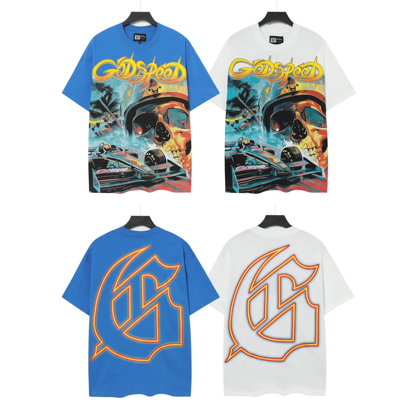 53💰5095# White/Klein Blue｜Godspeed cross-border American rock and roll street washed retro style short-sleeved T (craft print) fabric (fabric): 32-count combed double yarn 240 grams weight code (size): S-M-L-XL color (colour): white, Klein blue