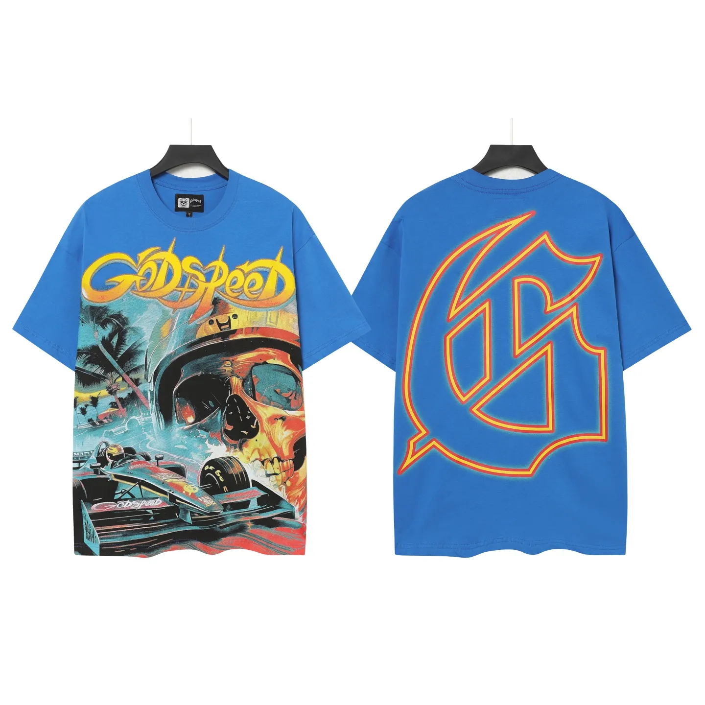53💰5095# White/Klein Blue｜Godspeed cross-border American rock and roll street washed retro style short-sleeved T (craft print) fabric (fabric): 32-count combed double yarn 240 grams weight code (size): S-M-L-XL color (colour): white, Klein blue