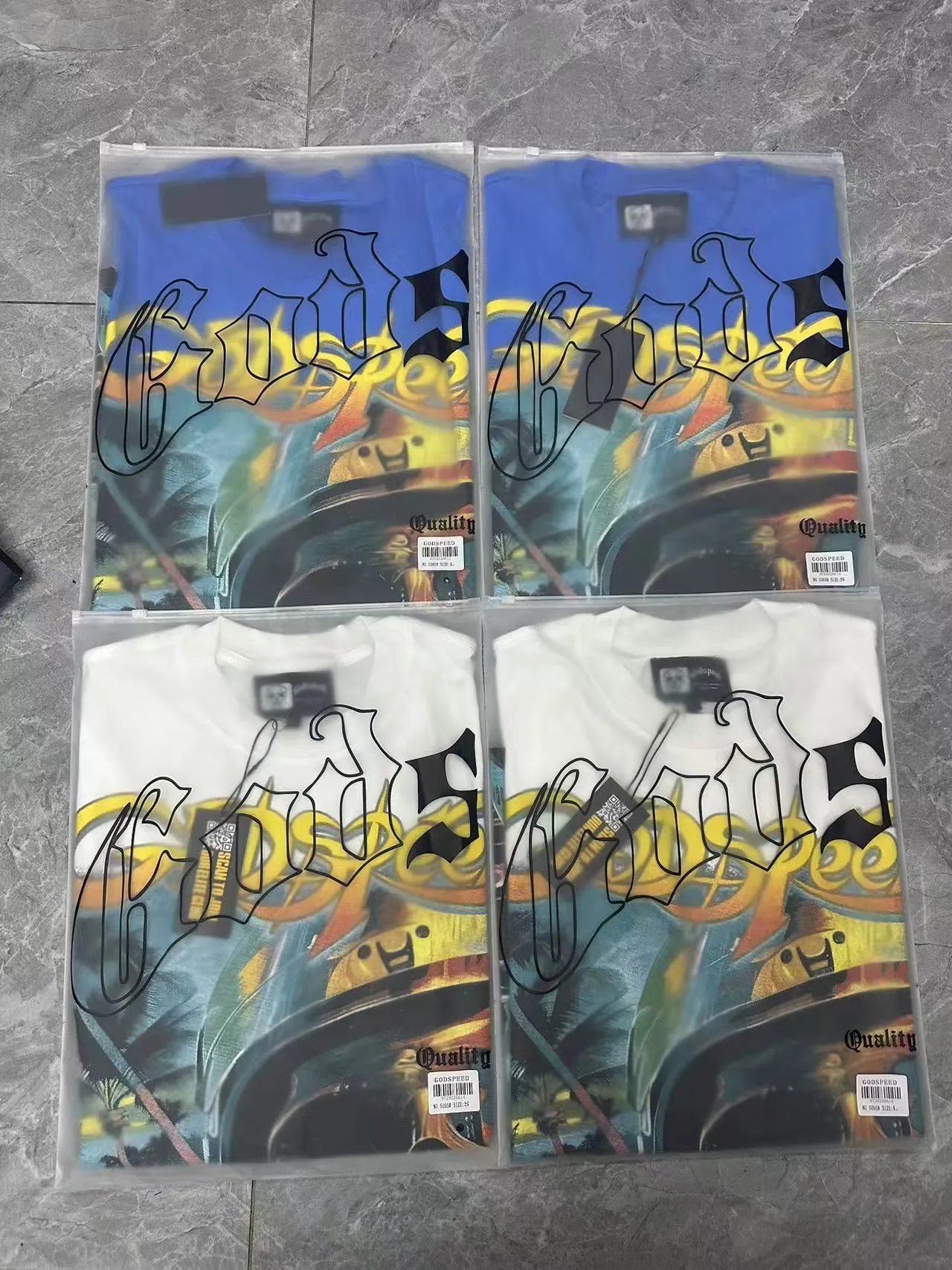 53💰5095# White/Klein Blue｜Godspeed cross-border American rock and roll street washed retro style short-sleeved T (craft print) fabric (fabric): 32-count combed double yarn 240 grams weight code (size): S-M-L-XL color (colour): white, Klein blue