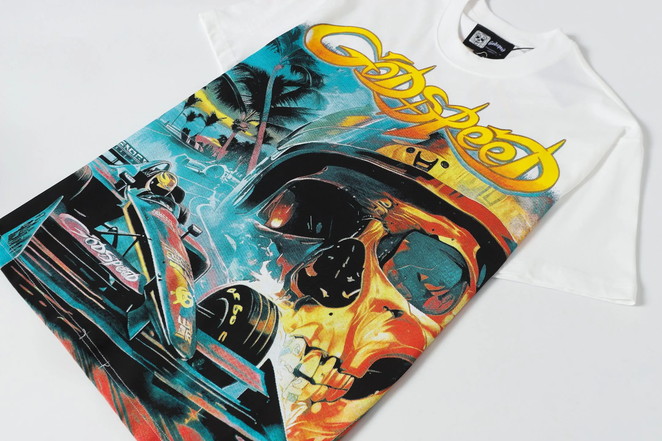 53💰5095# White/Klein Blue｜Godspeed cross-border American rock and roll street washed retro style short-sleeved T (craft print) fabric (fabric): 32-count combed double yarn 240 grams weight code (size): S-M-L-XL color (colour): white, Klein blue