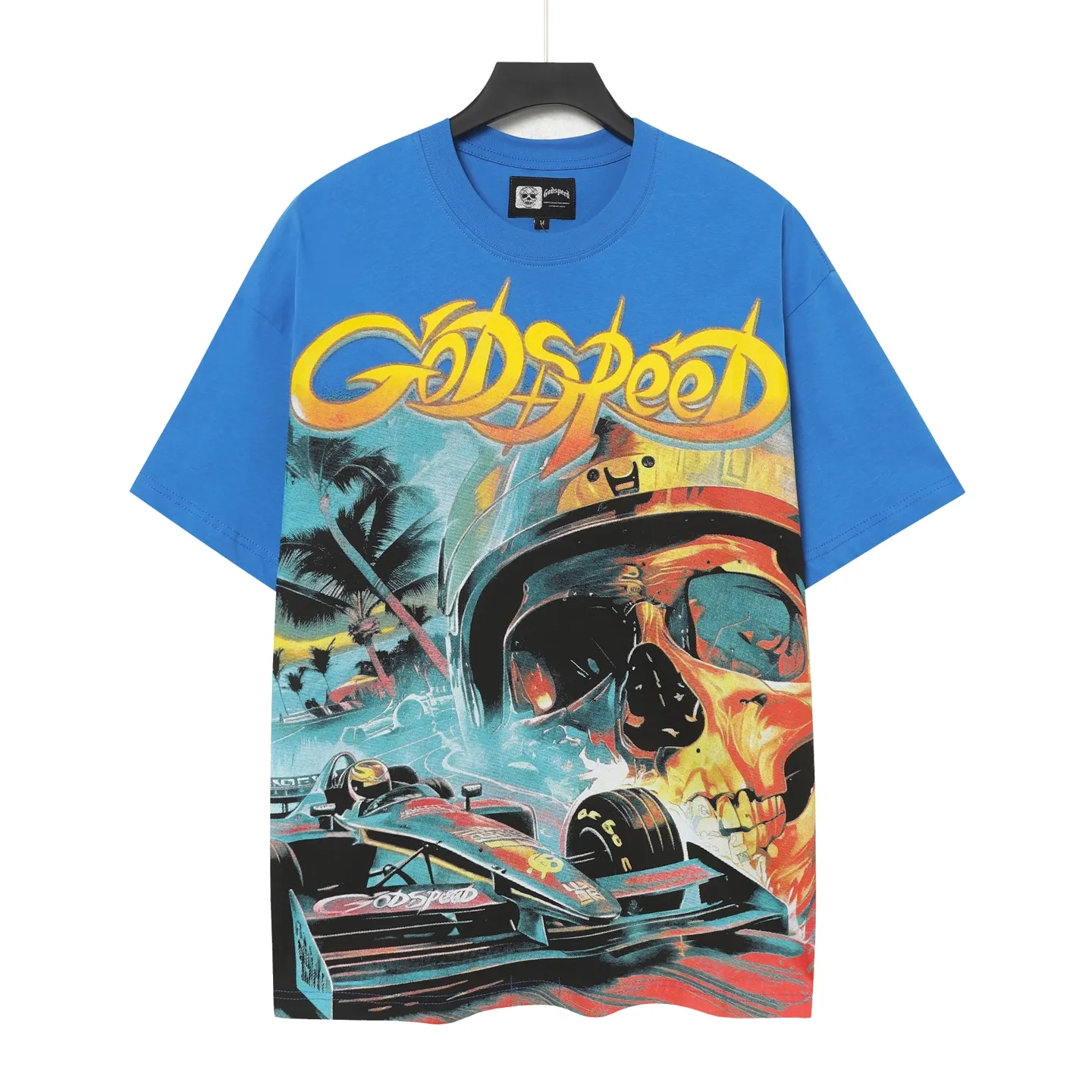 53💰5095# White/Klein Blue｜Godspeed cross-border American rock and roll street washed retro style short-sleeved T (craft print) fabric (fabric): 32-count combed double yarn 240 grams weight code (size): S-M-L-XL color (colour): white, Klein blue