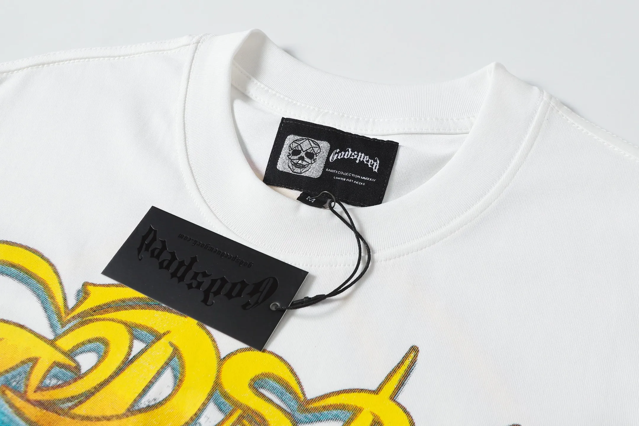 53💰5095# White/Klein Blue｜Godspeed cross-border American rock and roll street washed retro style short-sleeved T (craft print) fabric (fabric): 32-count combed double yarn 240 grams weight code (size): S-M-L-XL color (colour): white, Klein blue