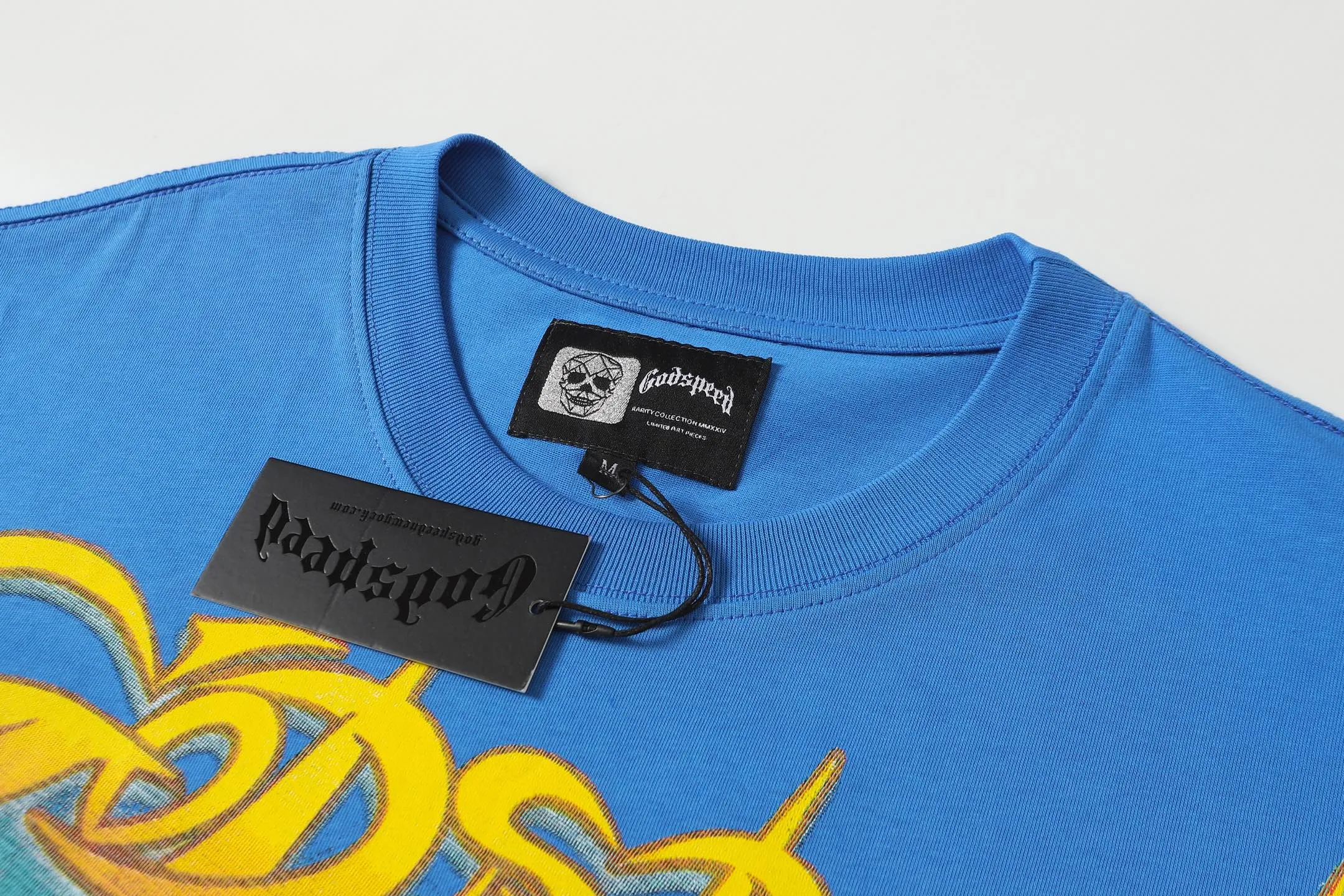 53💰5095# White/Klein Blue｜Godspeed cross-border American rock and roll street washed retro style short-sleeved T (craft print) fabric (fabric): 32-count combed double yarn 240 grams weight code (size): S-M-L-XL color (colour): white, Klein blue