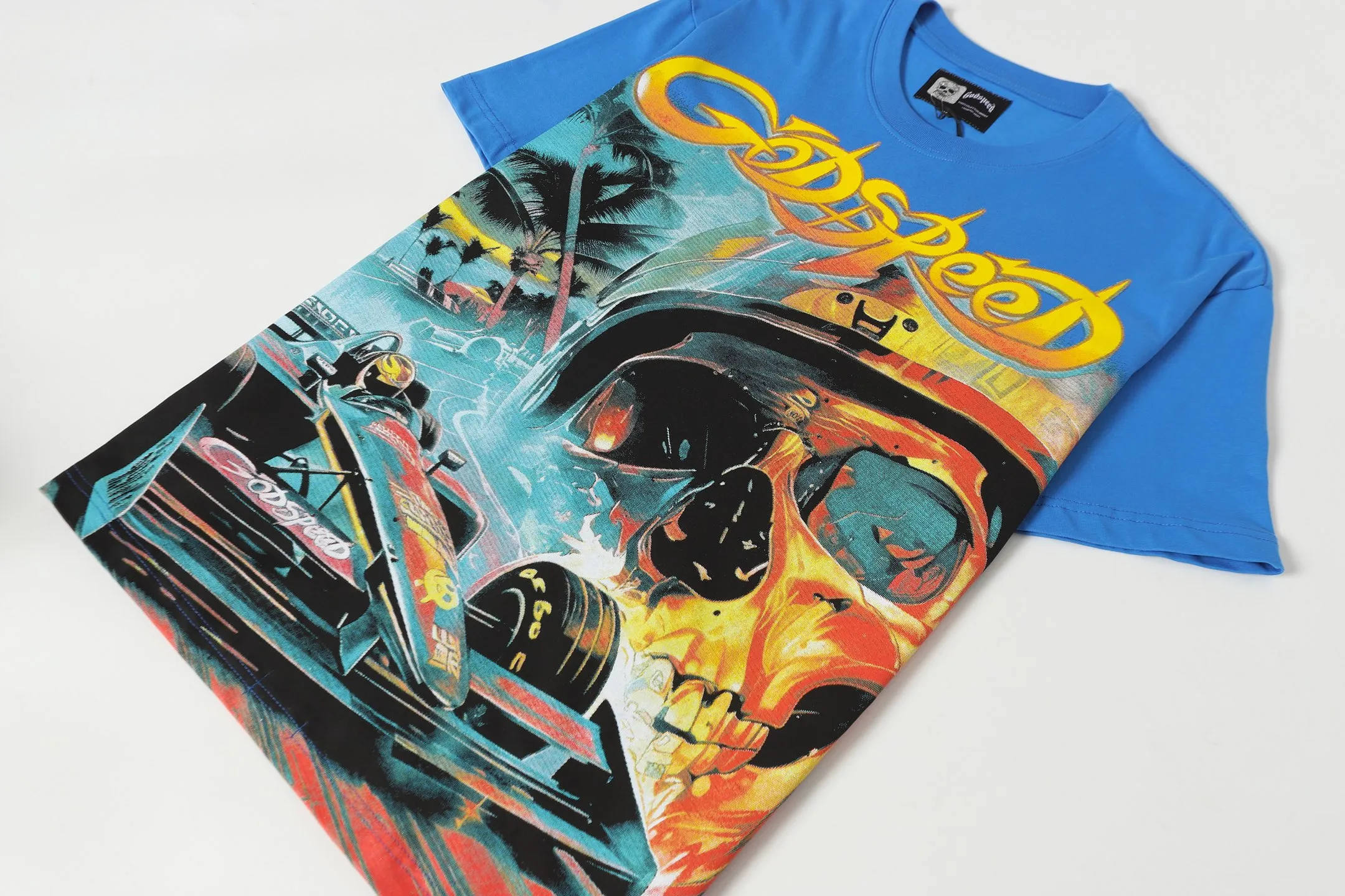 53💰5095# White/Klein Blue｜Godspeed cross-border American rock and roll street washed retro style short-sleeved T (craft print) fabric (fabric): 32-count combed double yarn 240 grams weight code (size): S-M-L-XL color (colour): white, Klein blue