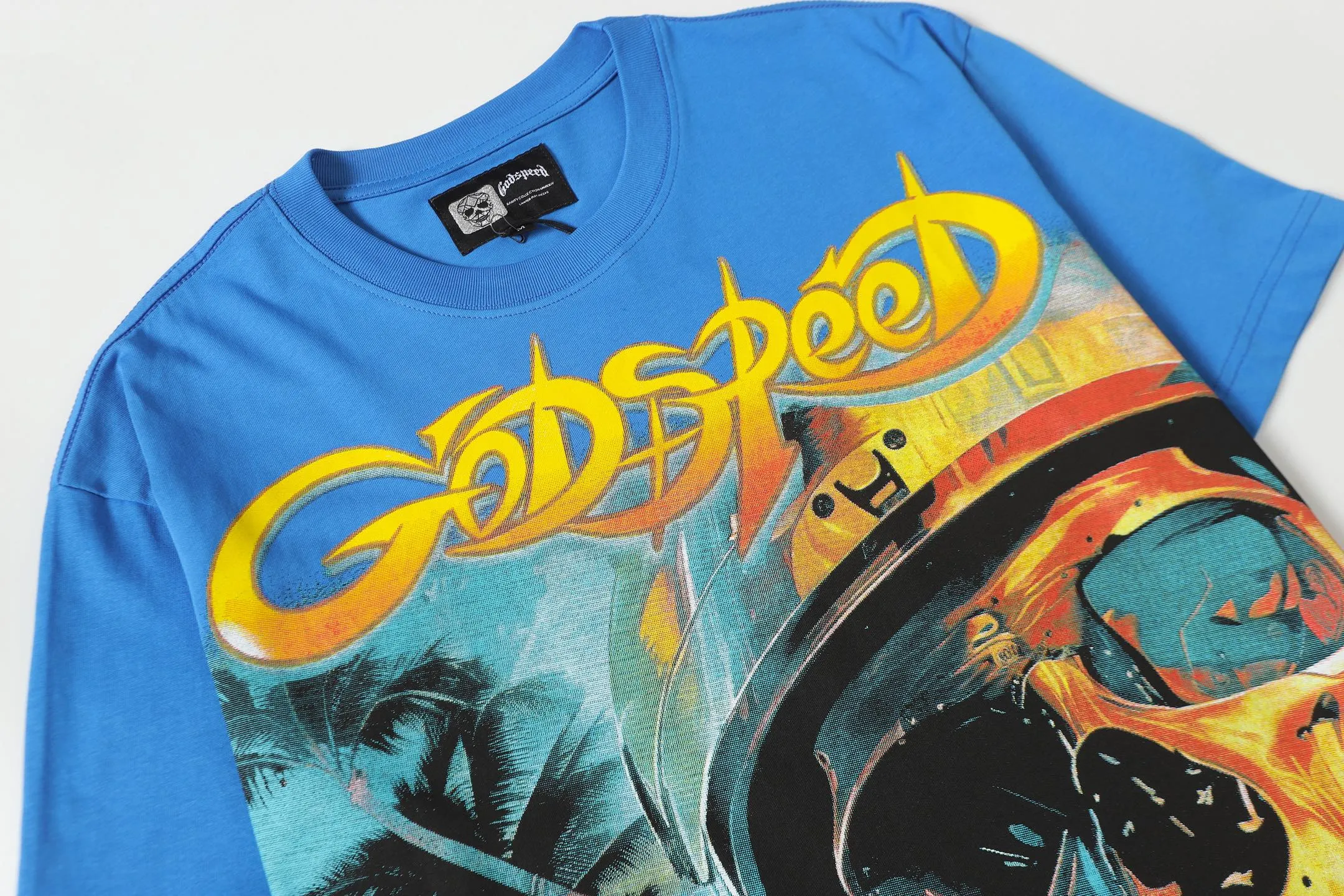 53💰5095# White/Klein Blue｜Godspeed cross-border American rock and roll street washed retro style short-sleeved T (craft print) fabric (fabric): 32-count combed double yarn 240 grams weight code (size): S-M-L-XL color (colour): white, Klein blue