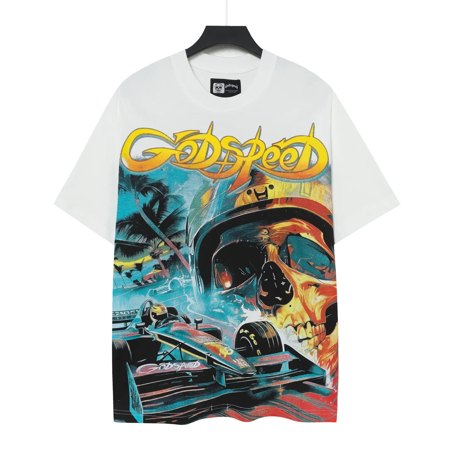 53💰5095# White/Klein Blue｜Godspeed cross-border American rock and roll street washed retro style short-sleeved T (craft print) fabric (fabric): 32-count combed double yarn 240 grams weight code (size): S-M-L-XL color (colour): white, Klein blue