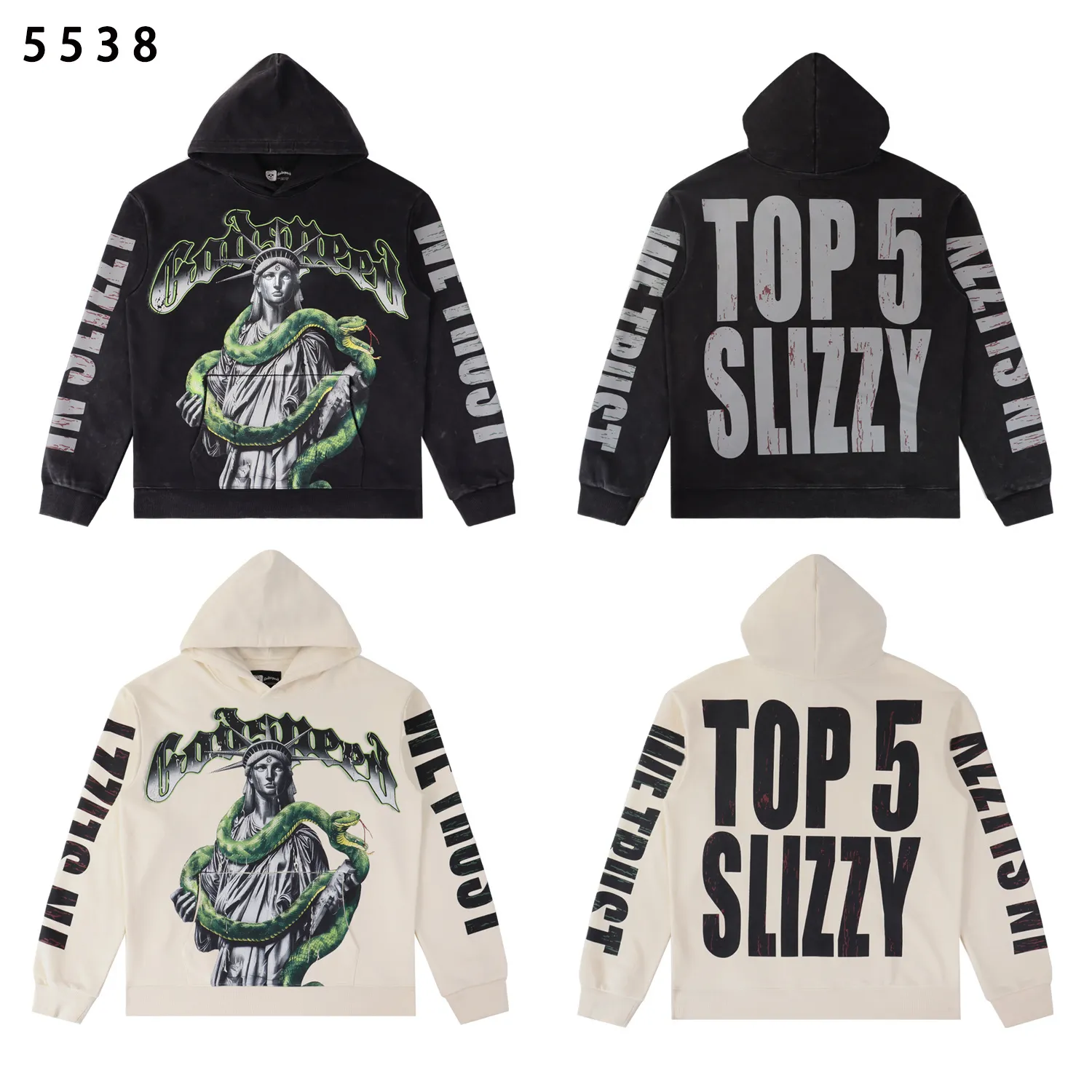 Style number: 5538 Fabric: 420g washed and distressed P196 Real shot Spot Godspeed American fashion rock street retro washed and distressed Statue of Liberty and snake element collision printed hooded sweatshirt Color: washed black washed apricot Size: S M L XL
