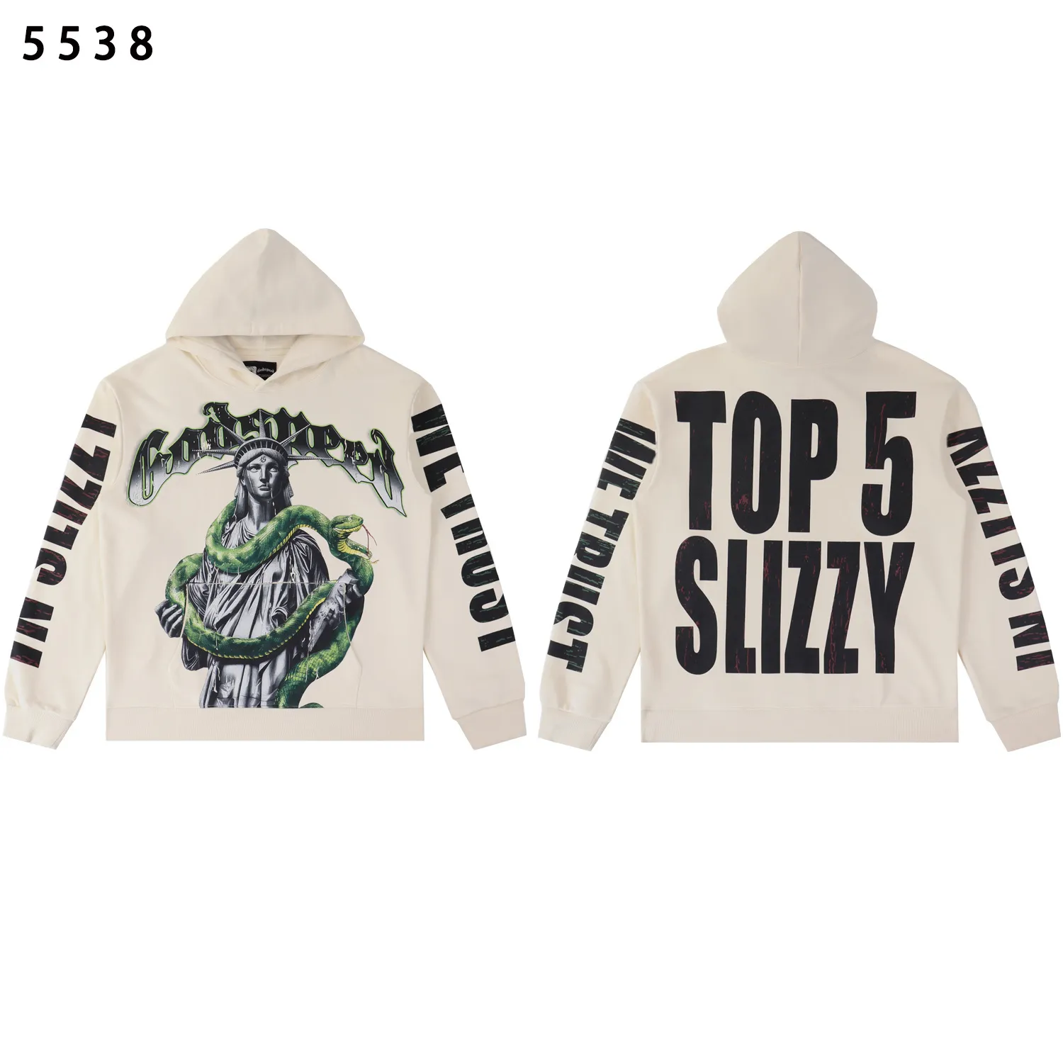 Style number: 5538 Fabric: 420g washed and distressed P196 Real shot Spot Godspeed American fashion rock street retro washed and distressed Statue of Liberty and snake element collision printed hooded sweatshirt Color: washed black washed apricot Size: S M L XL
