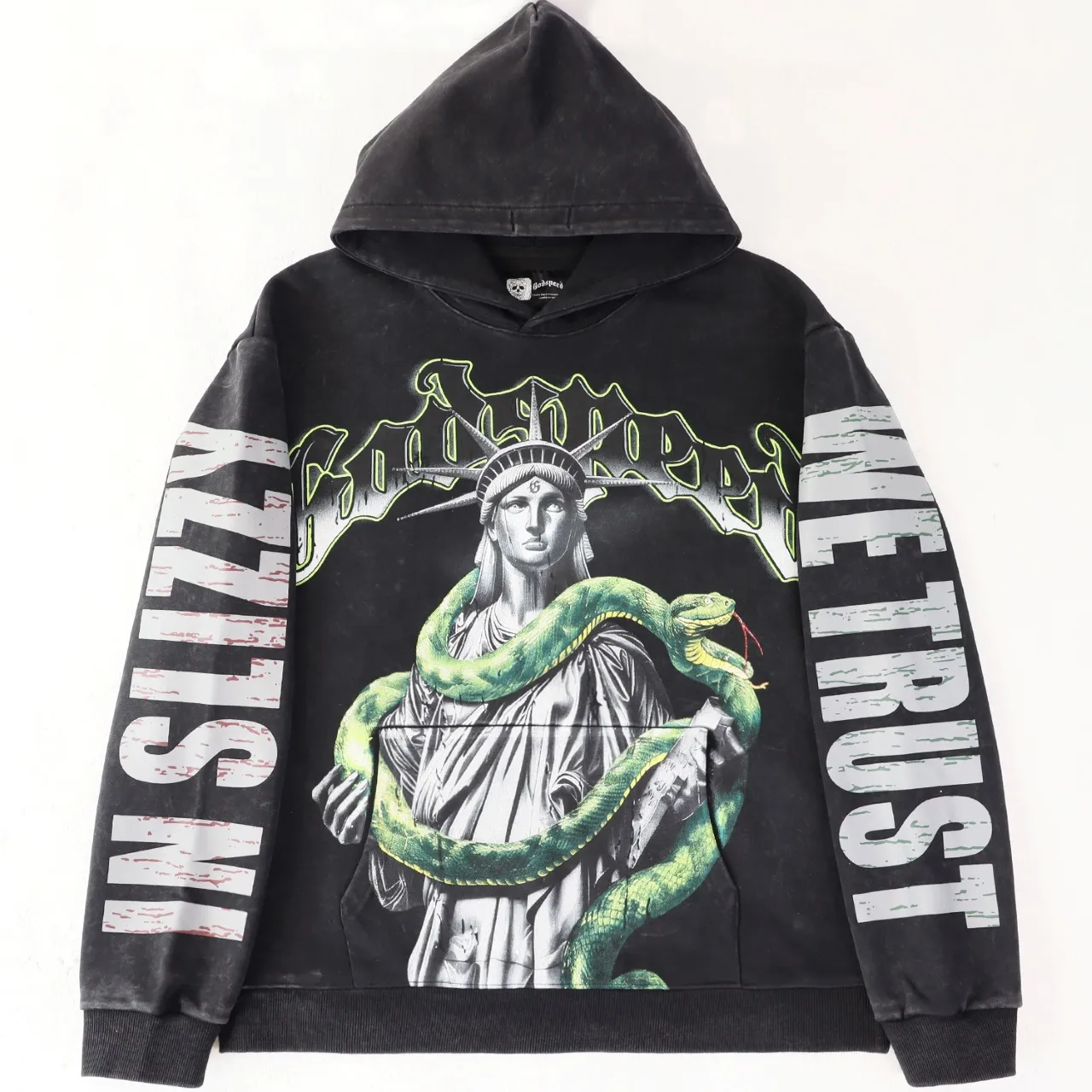 Style number: 5538 Fabric: 420g washed and distressed P196 Real shot Spot Godspeed American fashion rock street retro washed and distressed Statue of Liberty and snake element collision printed hooded sweatshirt Color: washed black washed apricot Size: S M L XL