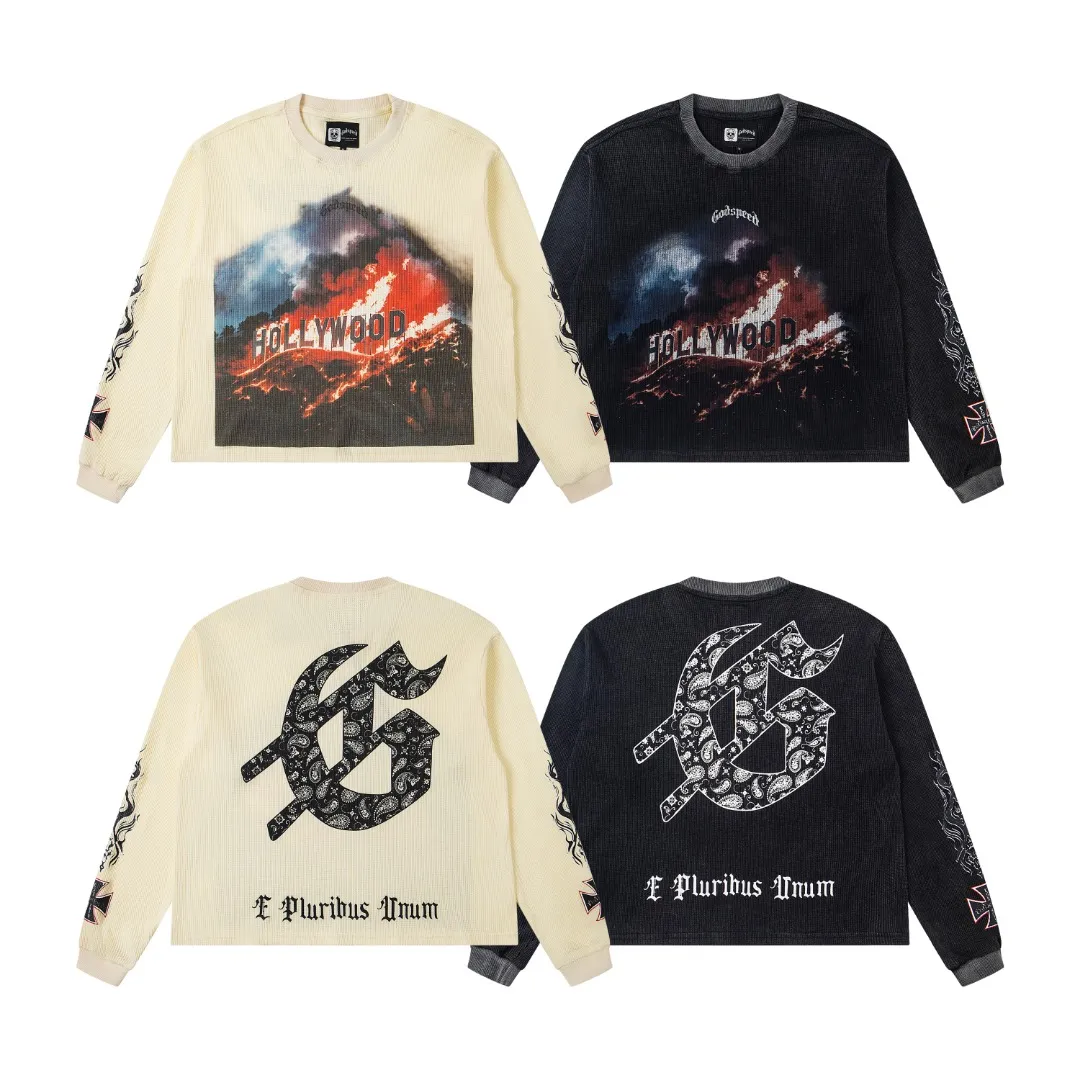 G15# GodSpeed ​​white ink direct spray long-sleeved waffle S-XL washed black P186 apricot P176