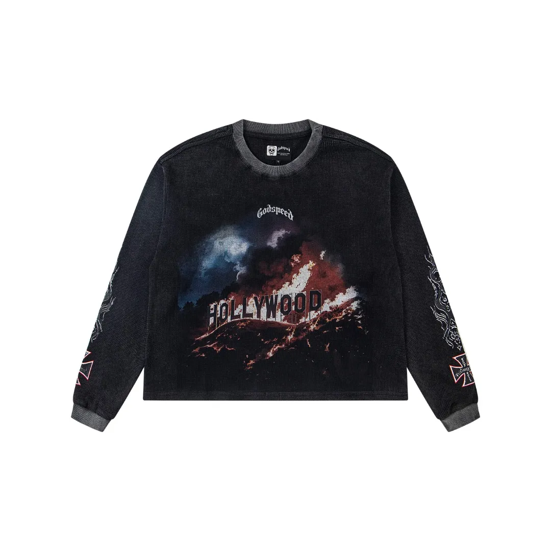 G15# GodSpeed ​​white ink direct spray long-sleeved waffle S-XL washed black P186 apricot P176