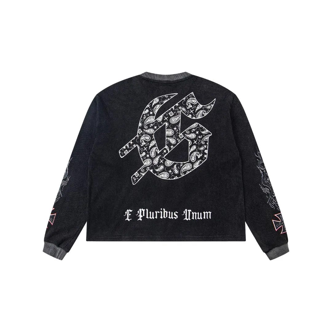 G15# GodSpeed ​​white ink direct spray long-sleeved waffle S-XL washed black P186 apricot P176