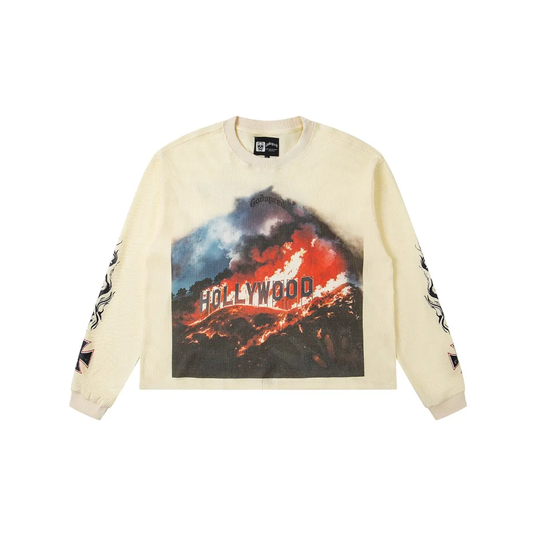 G15# GodSpeed ​​white ink direct spray long-sleeved waffle S-XL washed black P186 apricot P176