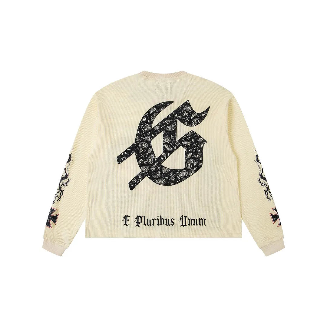 G15# GodSpeed ​​white ink direct spray long-sleeved waffle S-XL washed black P186 apricot P176