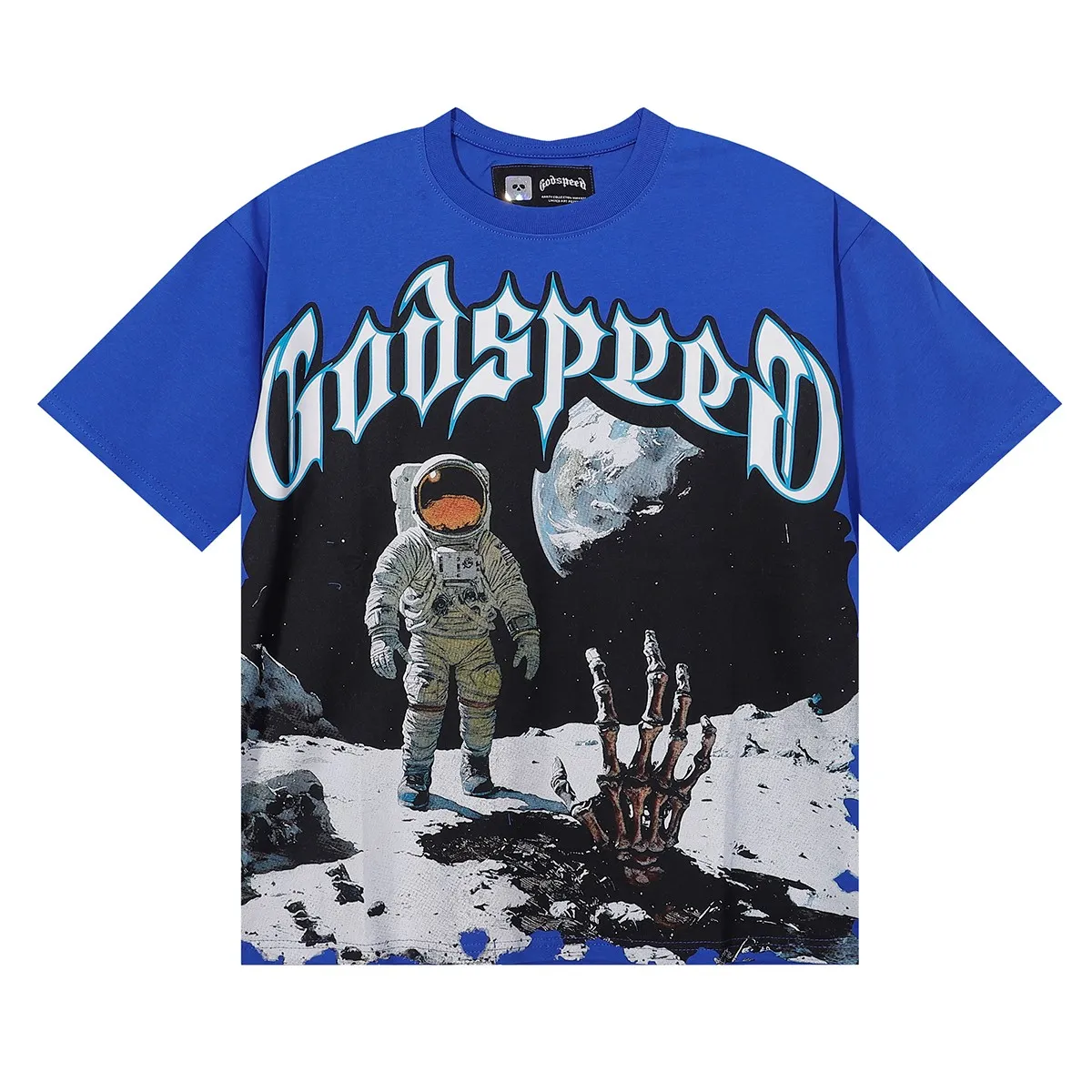 Batch 106, No. 7082, Mechao Godspeed spoof astronaut moon landing print high quality double yarn pure cotton casual short-sleeved T-shirt Color: black, green, blue, apricot; Size: S M L XL