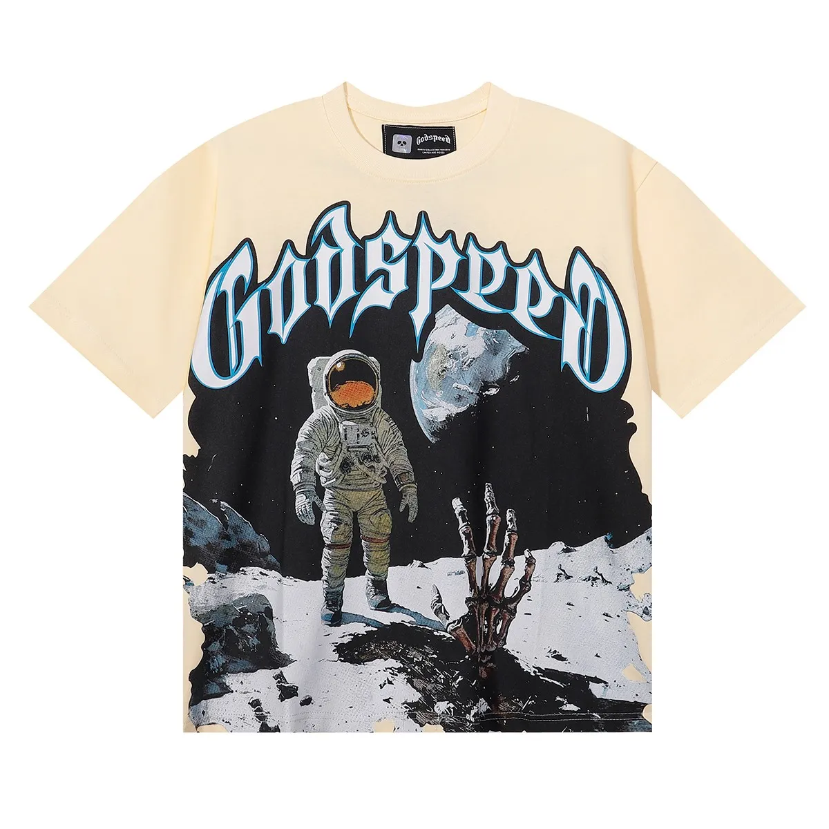 Batch 106, No. 7082, Mechao Godspeed spoof astronaut moon landing print high quality double yarn pure cotton casual short-sleeved T-shirt Color: black, green, blue, apricot; Size: S M L XL