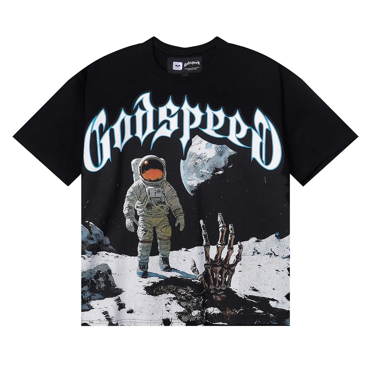 Batch 106, No. 7082, Mechao Godspeed spoof astronaut moon landing print high quality double yarn pure cotton casual short-sleeved T-shirt Color: black, green, blue, apricot; Size: S M L XL