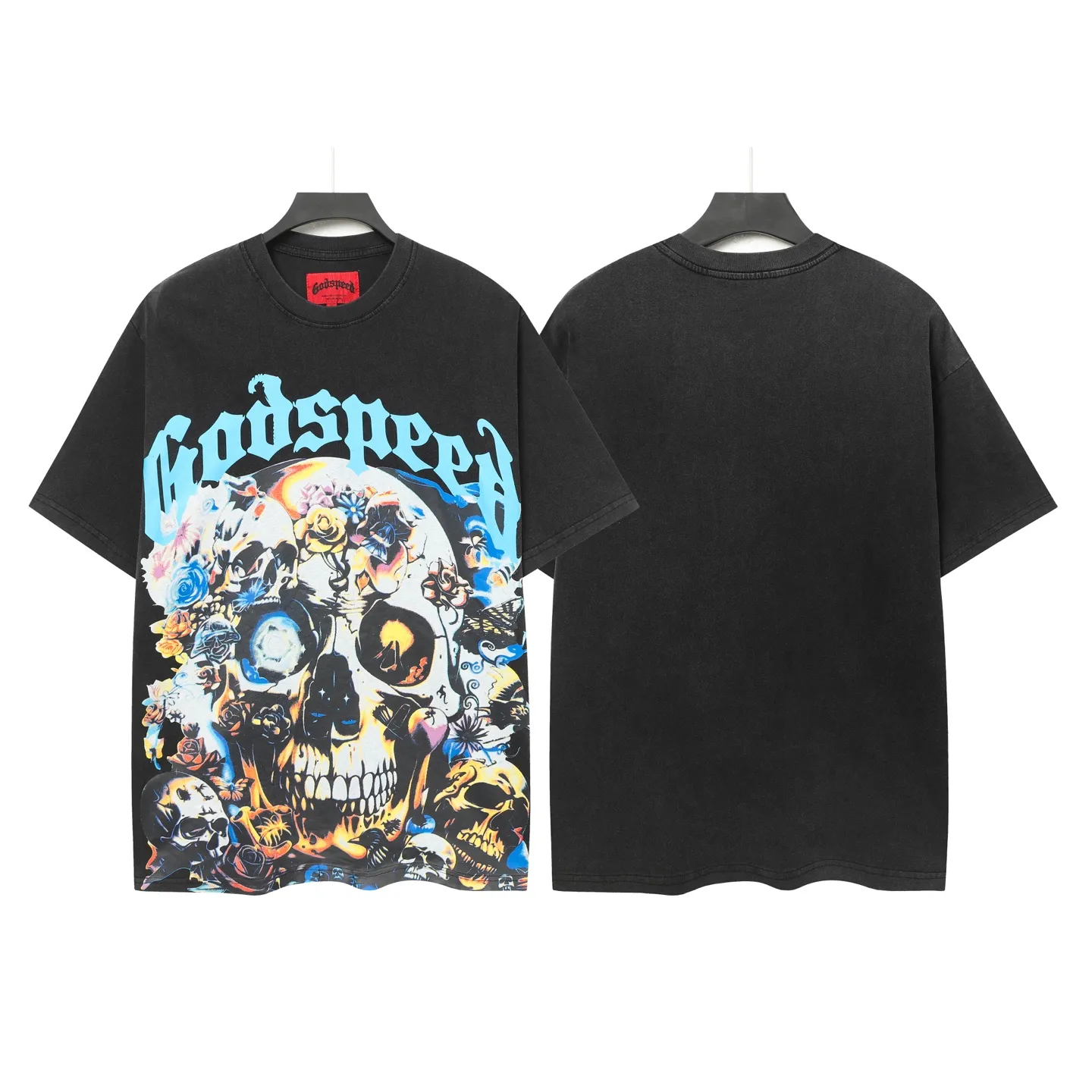 6011#washed black｜P116 Godspeed cross-border American rock and roll street washed retro style short-sleeved T (craft printing) fabric (fabric): 32 count combed double yarn 250g weight code number (size): S-M-L-XL color (colour): washed black