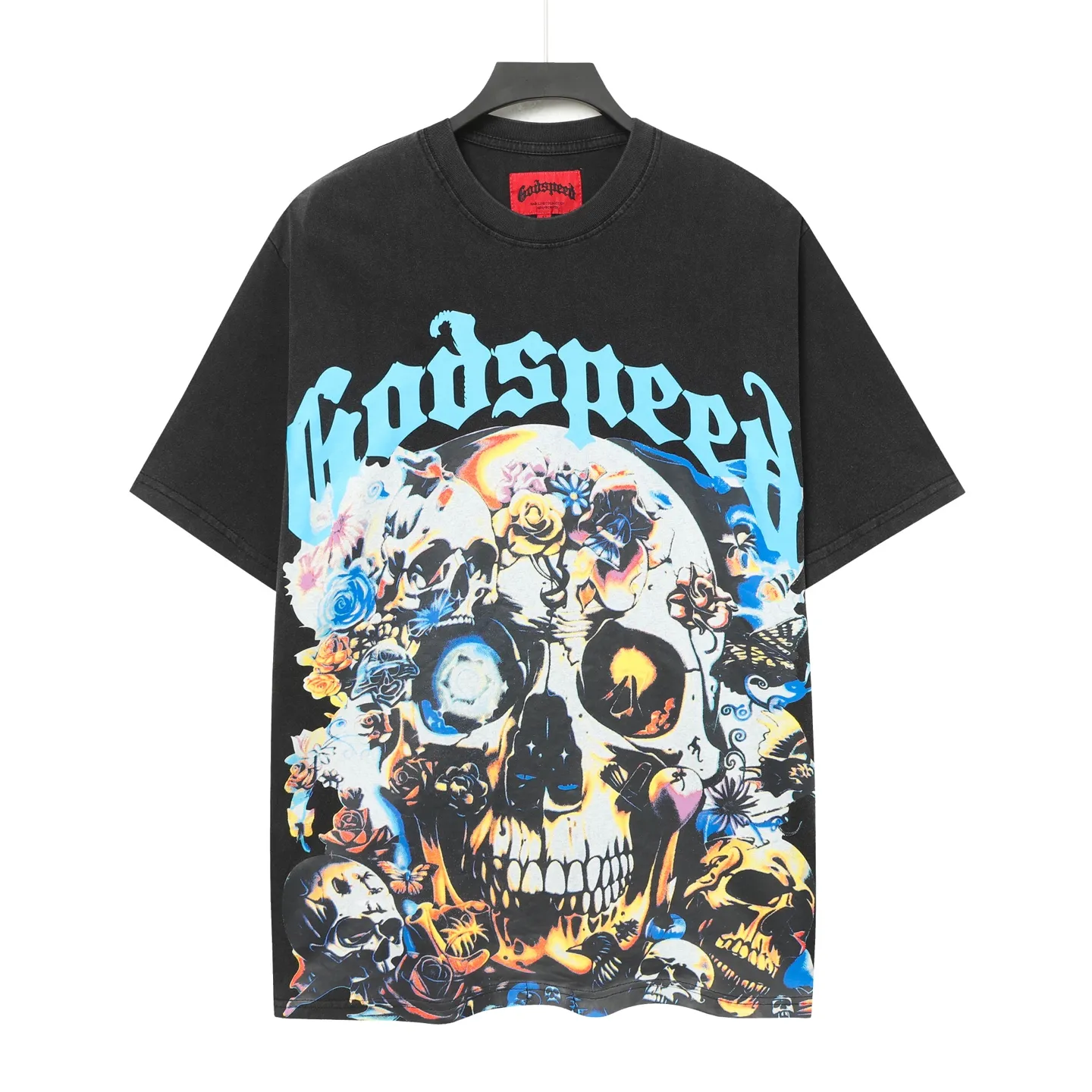 6011#washed black｜P116 Godspeed cross-border American rock and roll street washed retro style short-sleeved T (craft printing) fabric (fabric): 32 count combed double yarn 250g weight code number (size): S-M-L-XL color (colour): washed black