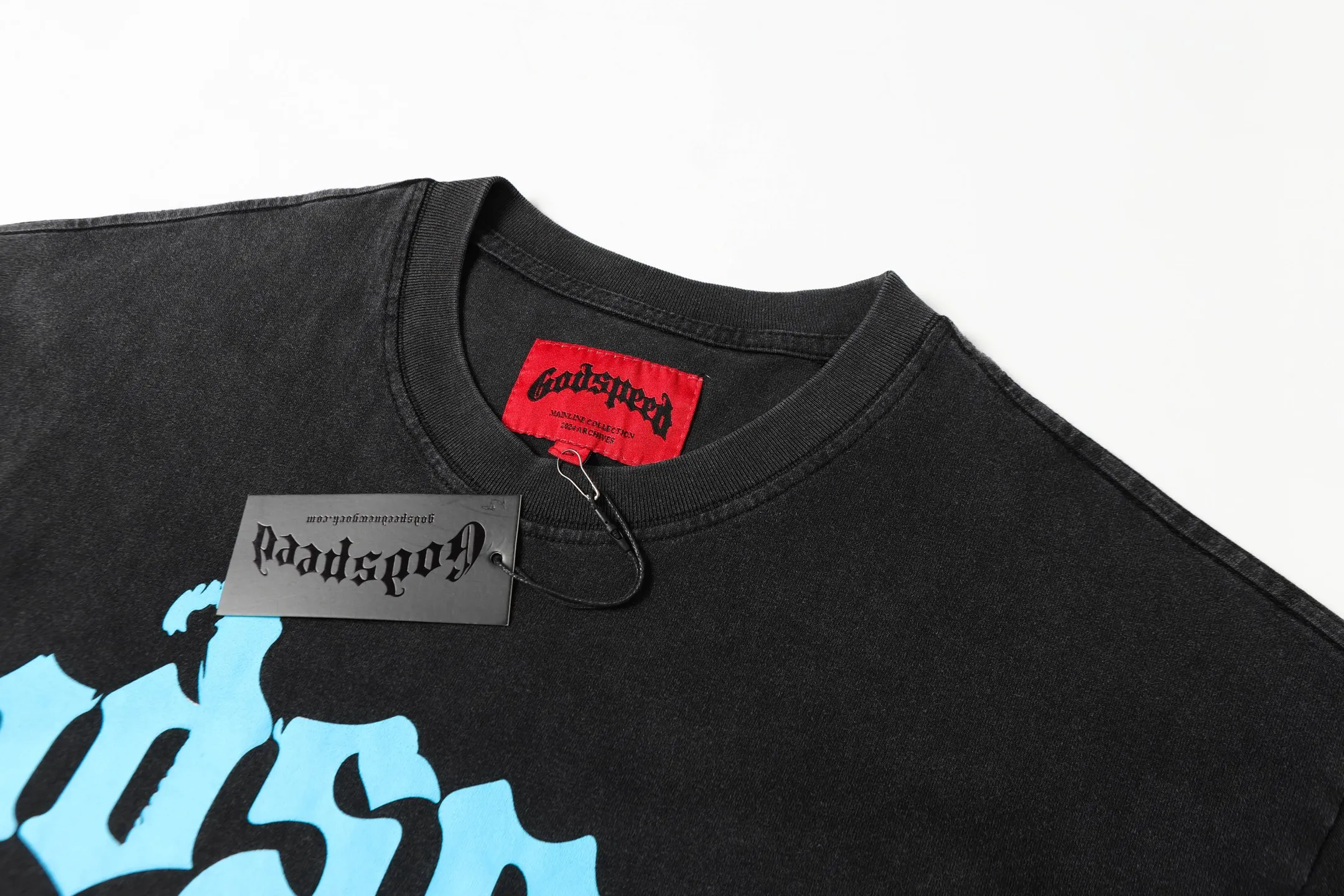 6011#washed black｜P116 Godspeed cross-border American rock and roll street washed retro style short-sleeved T (craft printing) fabric (fabric): 32 count combed double yarn 250g weight code number (size): S-M-L-XL color (colour): washed black
